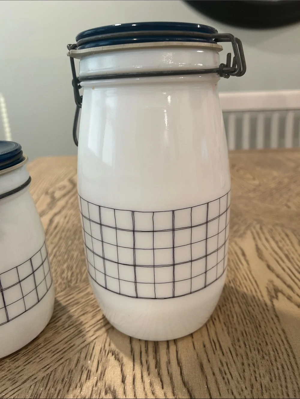 Vintage Wheaton Milk glass Tea & Sugar Canister Set in White with Blue Lids